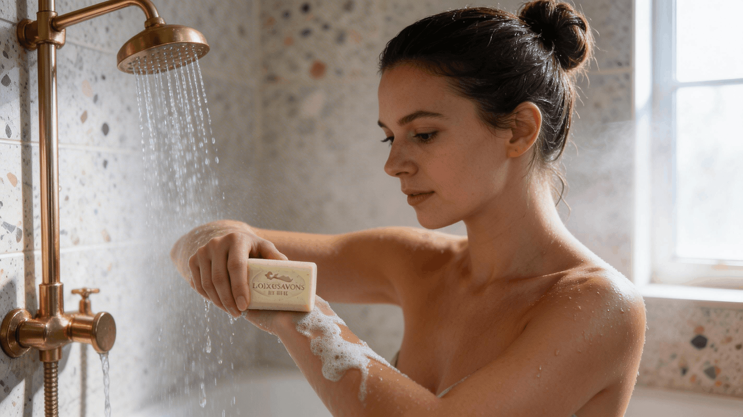 Femme utilisant savon exfoliant nigelle artisanal sous la douche Île de Ré