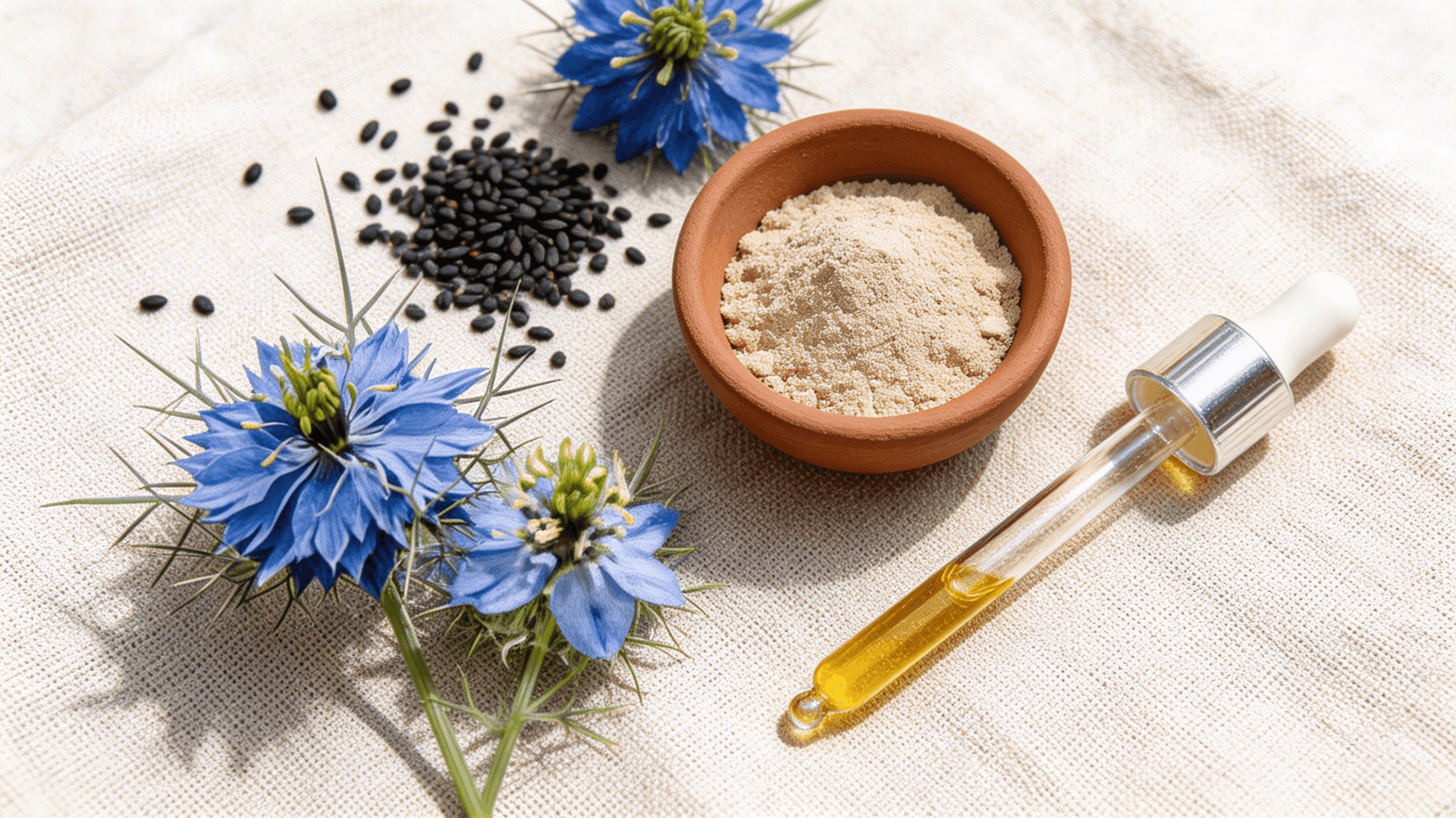 Graines de nigelle, fleurs bleues et huile de nigelle ingrédients savon artisanal Île de Ré