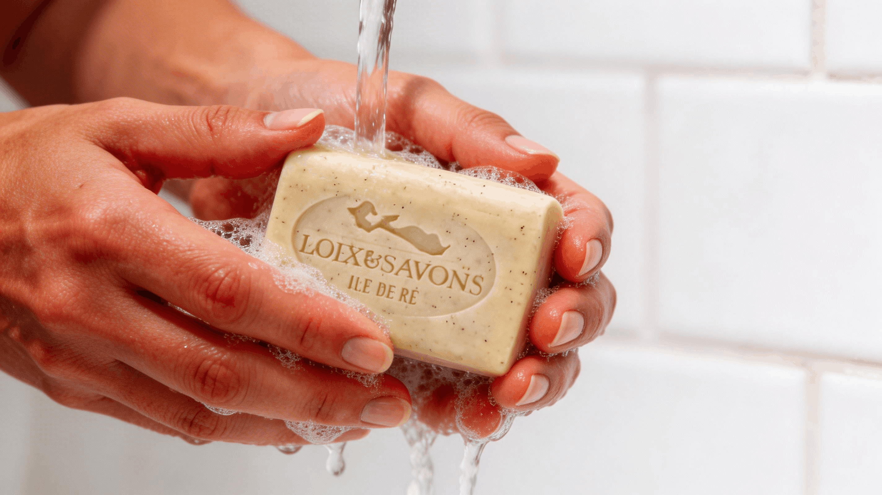 Mousse exfoliante savon nigelle poudre noyau de prune sur mains