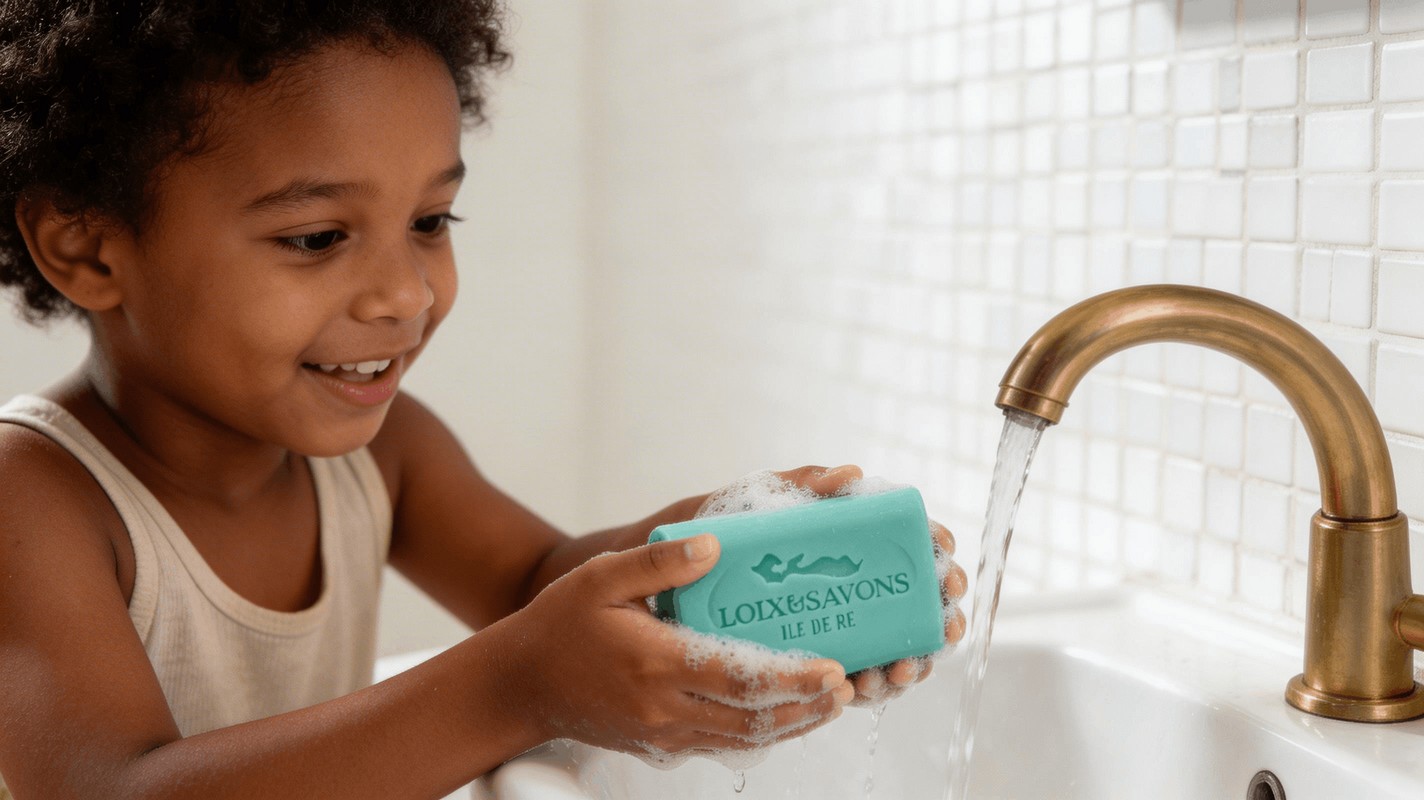Enfant se lavant les mains avec savon artisanal O d Agrumes Loix Savons