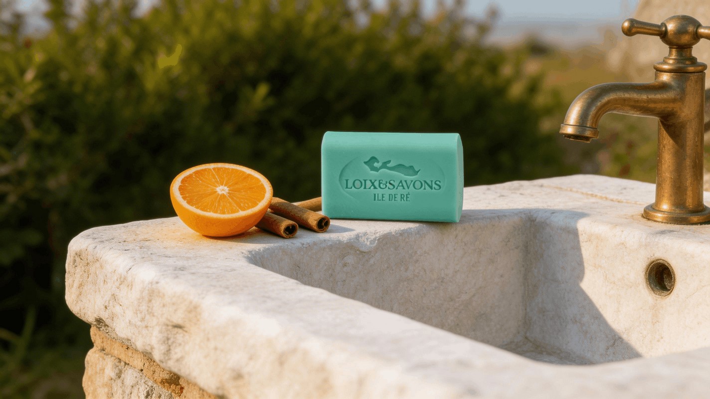 Savon artisanal O d Agrumes pose sur evier exterieur pierre calcaire Ile de Re