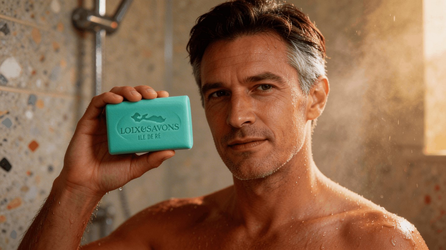 Homme utilisant savon artisanal surgras O d Agrumes sous la douche Ile de Re