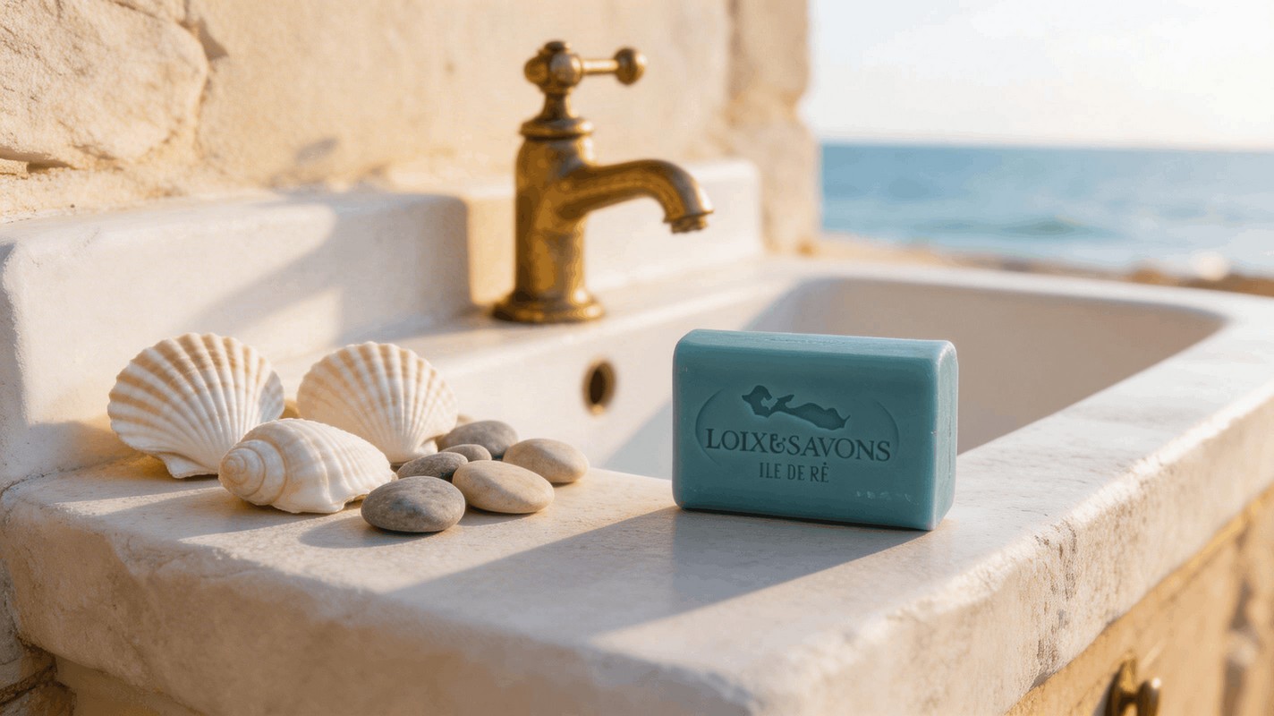 Savon artisanal parfum ocean pose sur evier exterieur pierre calcaire Ile de Re