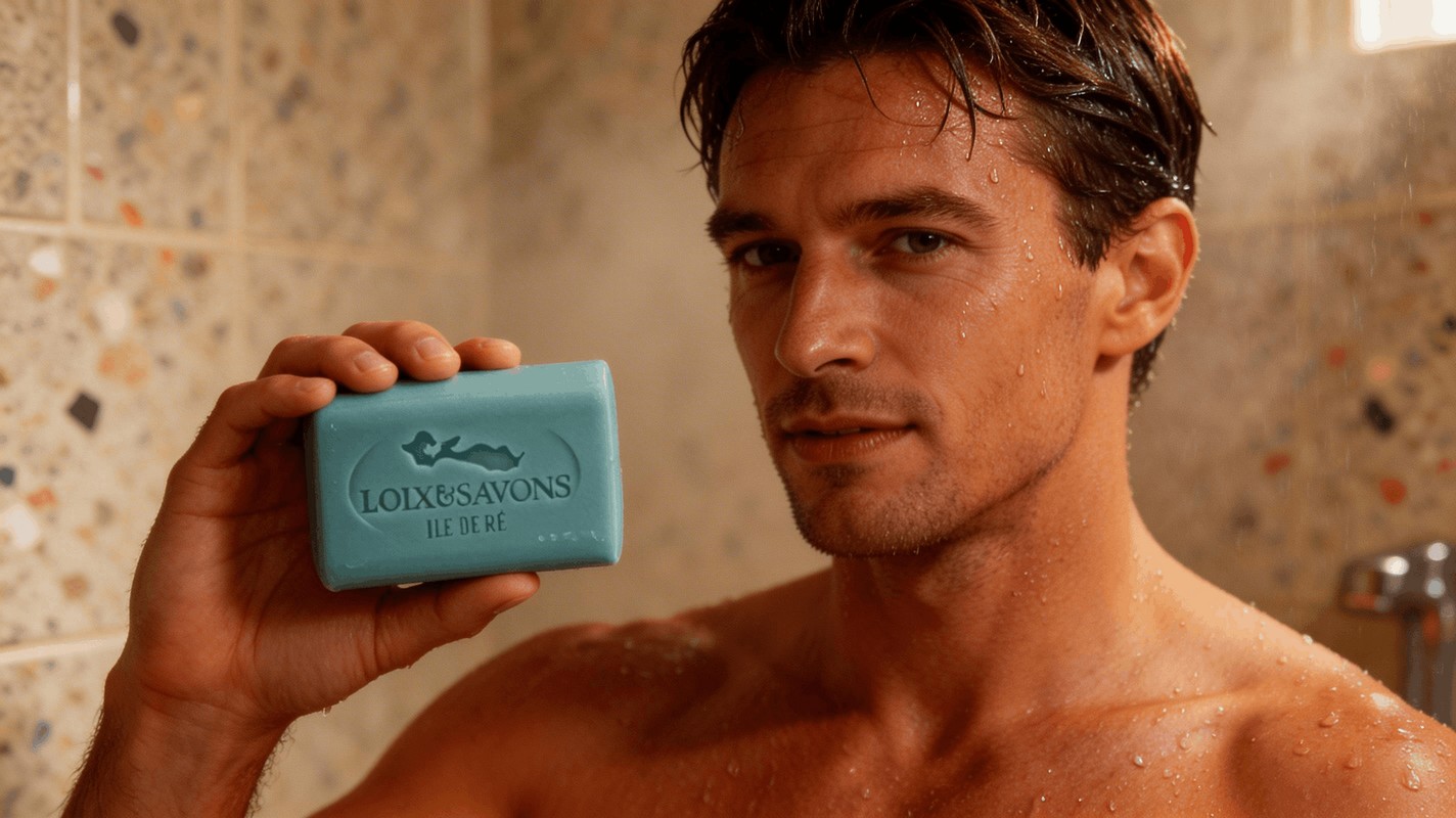 Homme utilisant savon artisanal surgras parfum ocean sous la douche Ile de Re