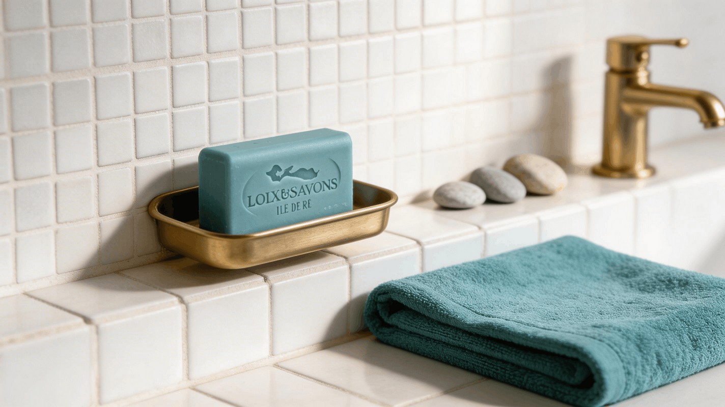 Savon artisanal parfum ocean pose sur porte-savon laiton zellige salle de bain
