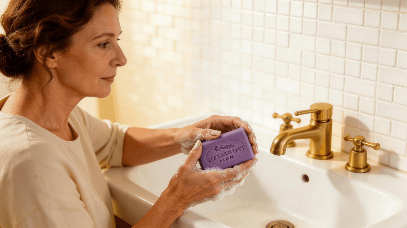 Femme utilisant savon artisanal raisin rouge violet Loix et Savons Île de Ré