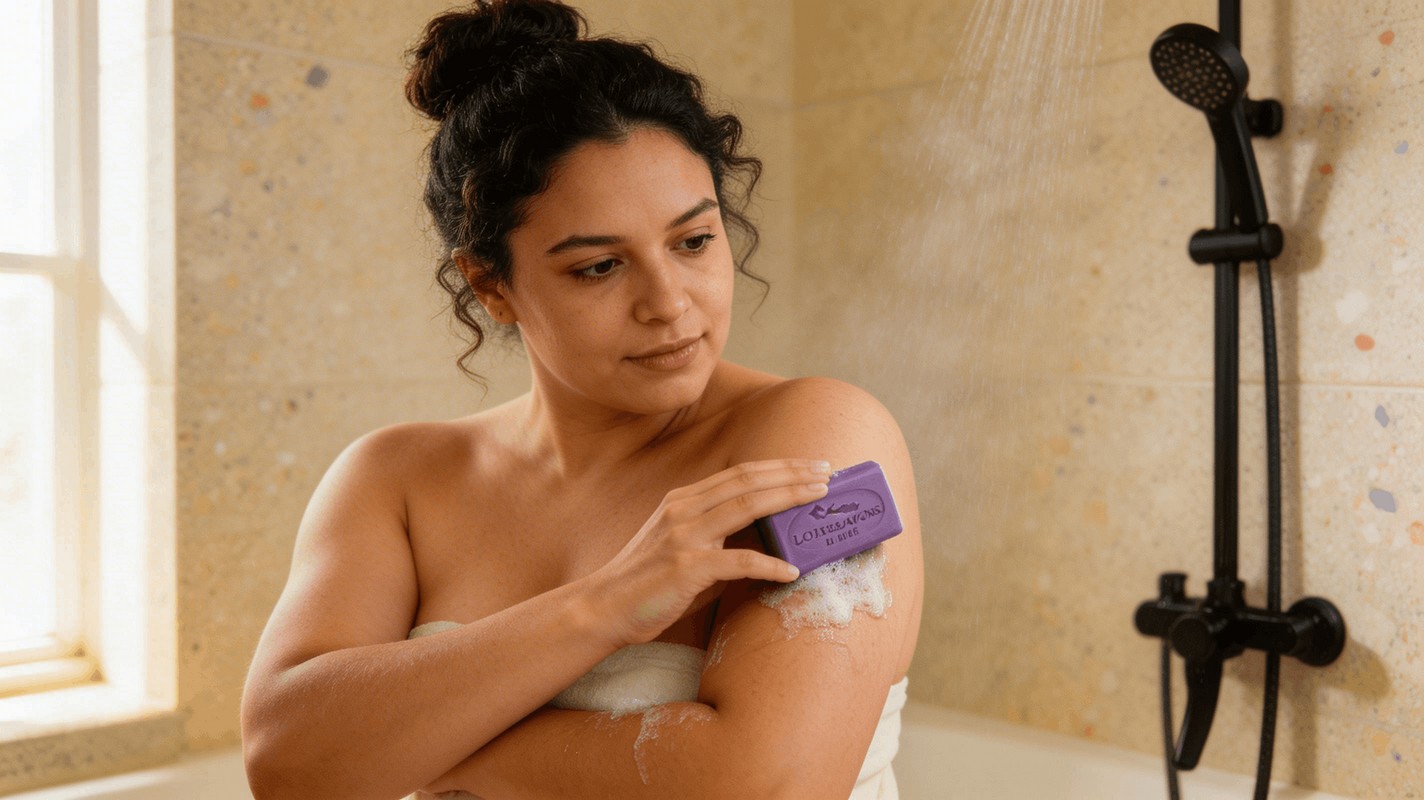 Femme utilisant savon surgras raisin rouge artisanal sous la douche Île de Ré