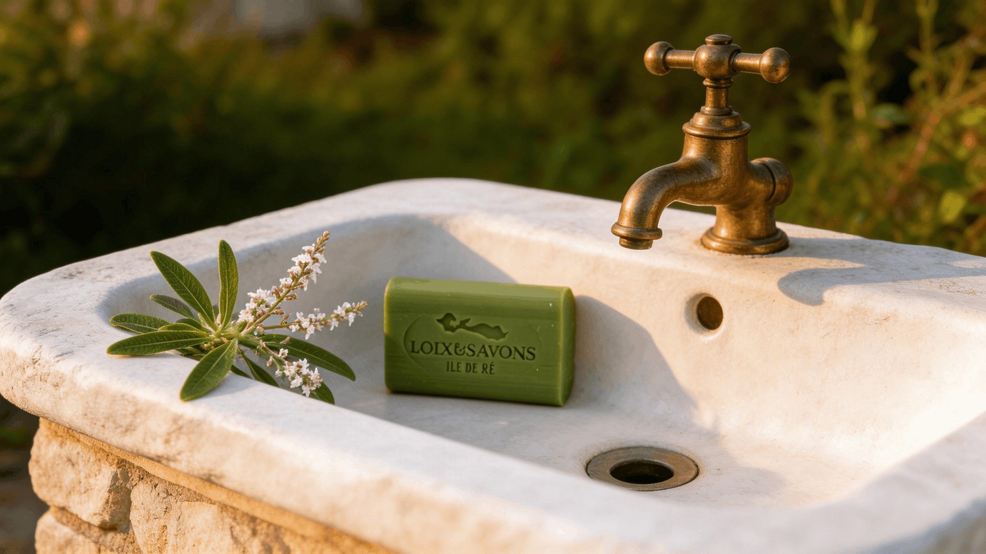 Savon artisanal verveine citronnee pose sur evier exterieur pierre calcaire Ile de Re