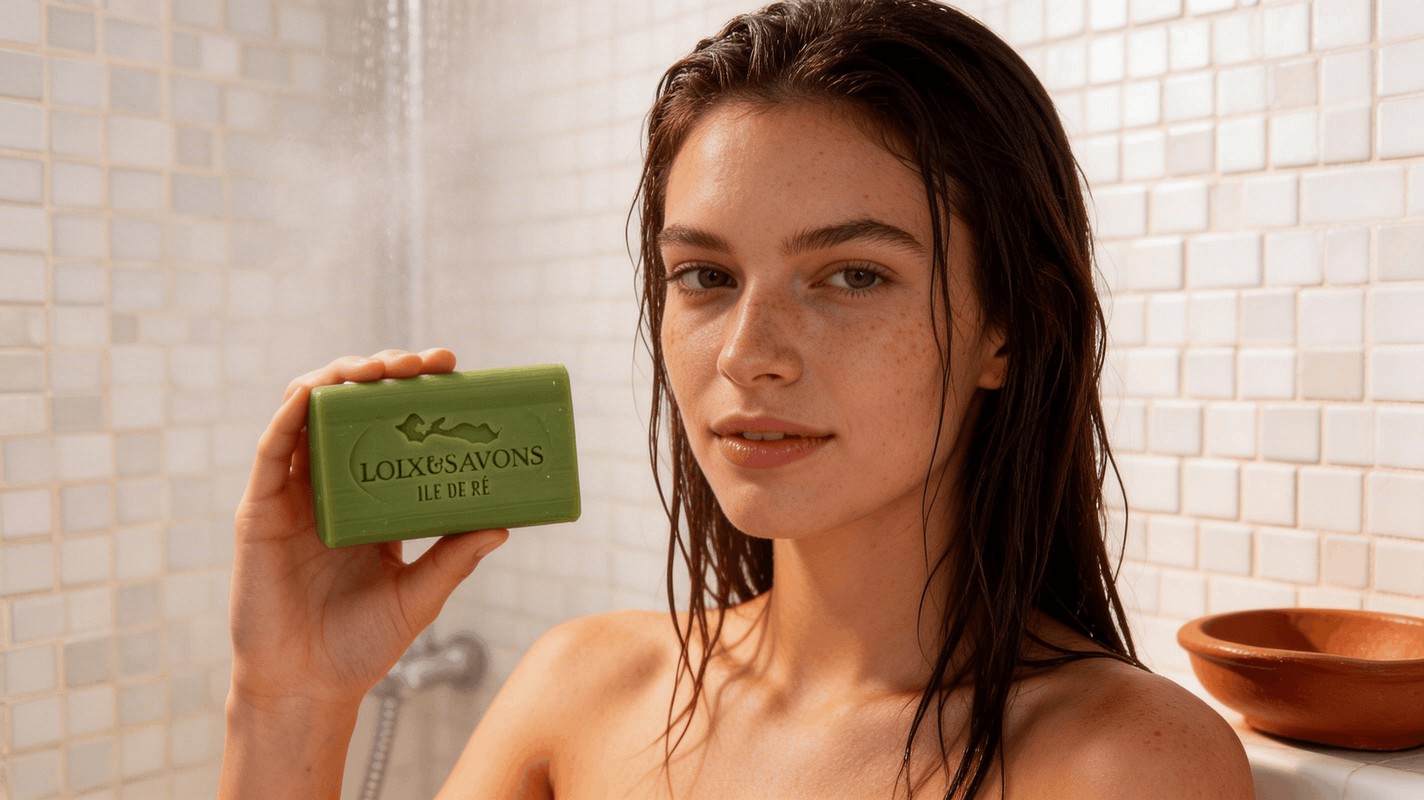 Femme utilisant savon artisanal surgras verveine citronnee sous la douche