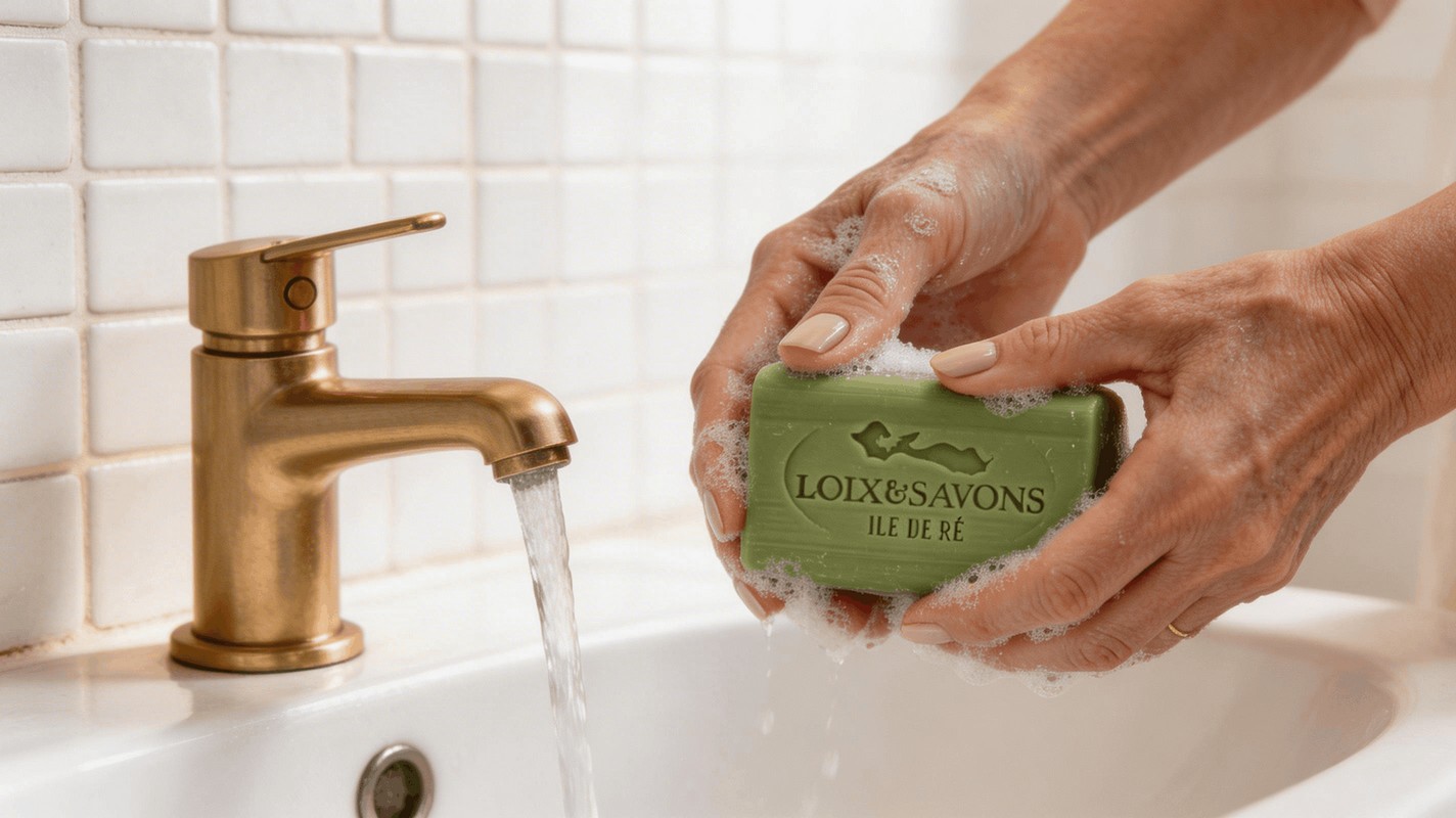 Mousse onctueuse savon artisanal verveine citronnee mains salle de bain