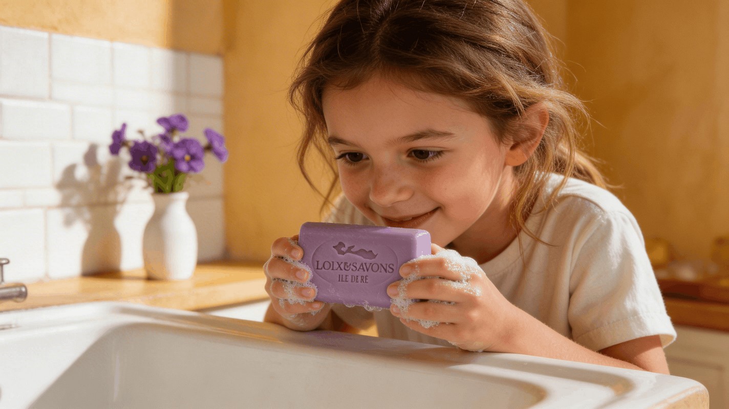Enfant sentant savon artisanal surgras violette pres du lavabo cuisine Ile de Re