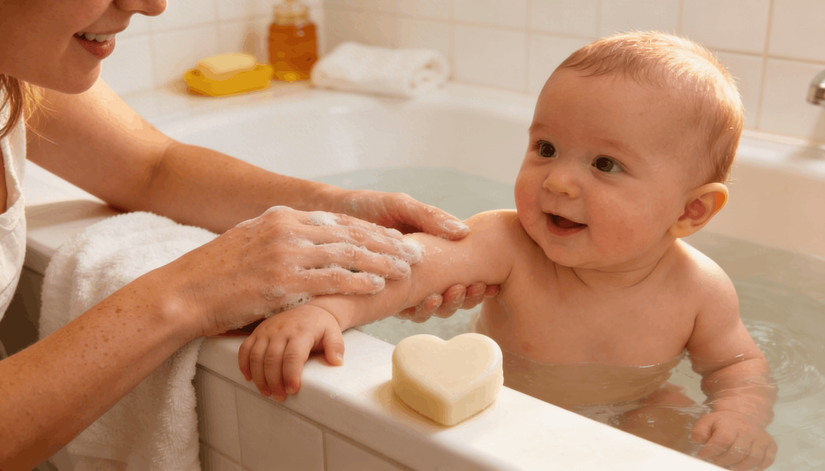 Bain de bébé avec savon au lait d'ânesse format cœur pour peau atopique de nourrisson