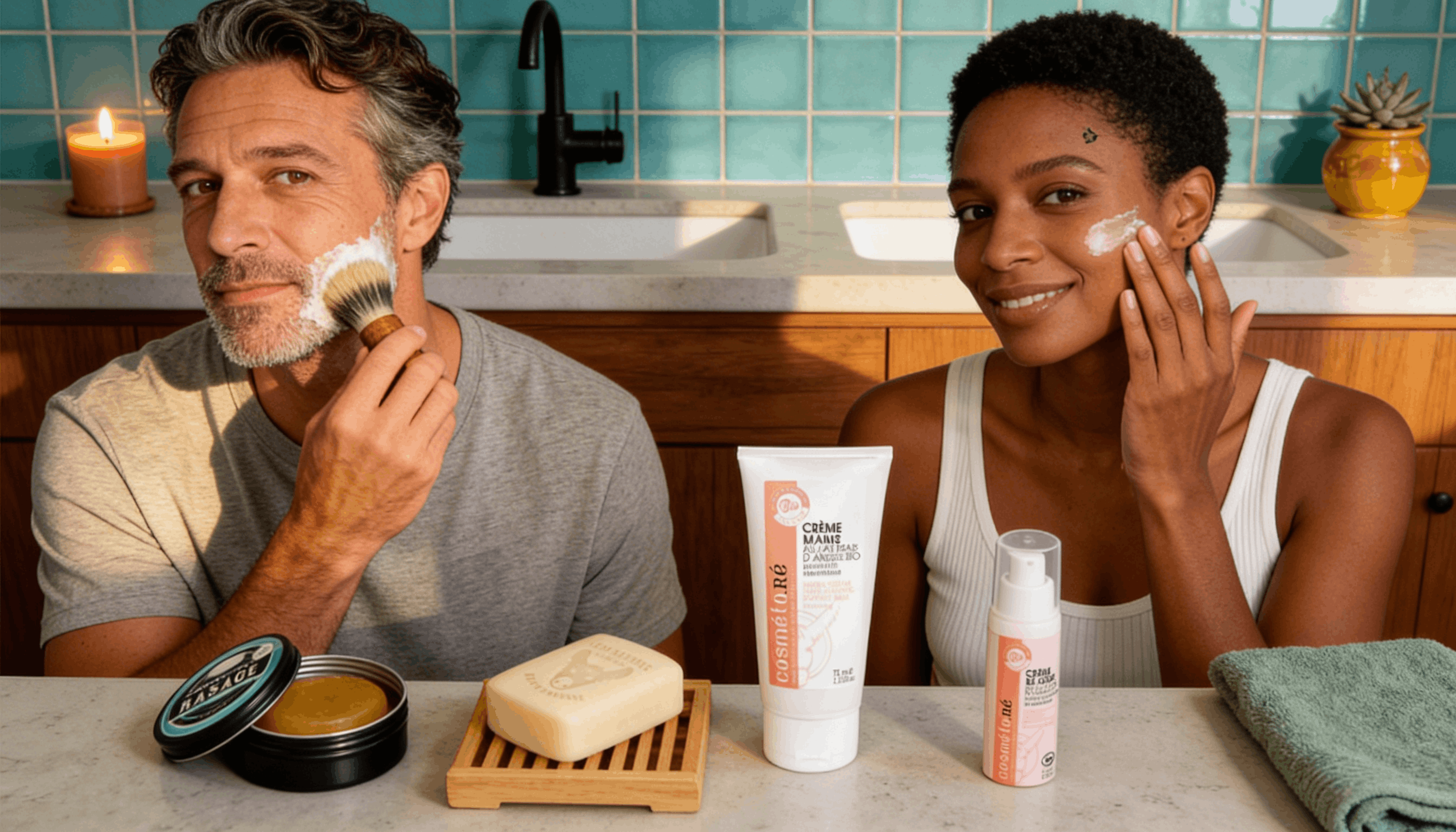 Couple qui applique ses soins au lait d'ânesse lors de sa routine du matin dans une salle de bain moderne