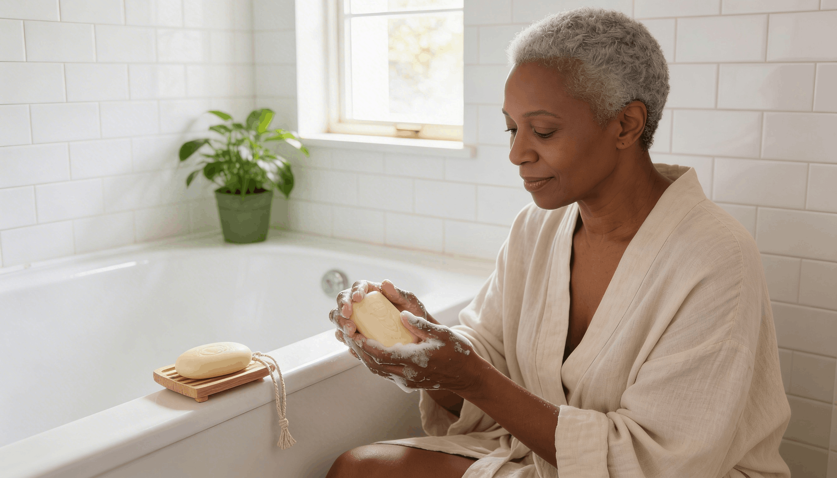 Femme faisant mousser un savon artisanal au lait d'ânesse entre ses mains