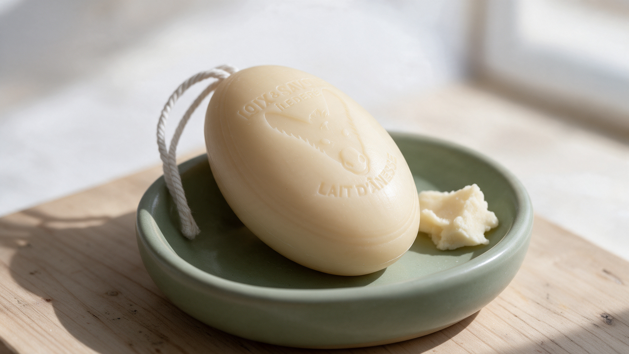 Savon ficelle au lait d'ânesse 200 g Loix et Savons sur un porte-savon vert sauge