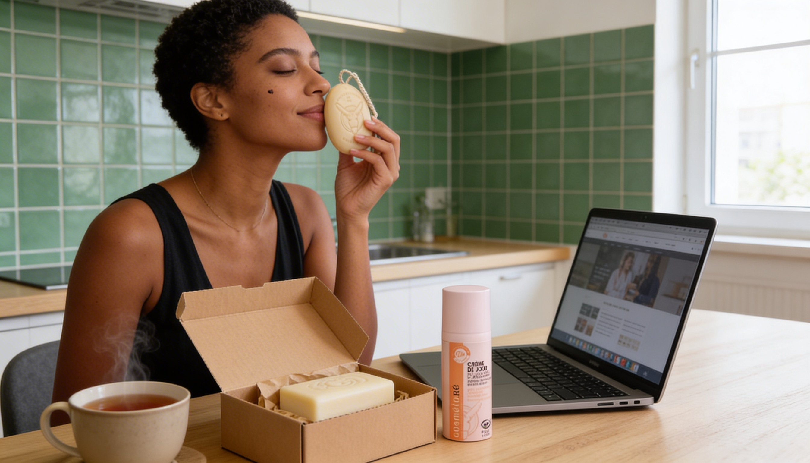 Femme découvrant sa commande en ligne de savons au lait d'ânesse Savonnerie de Ré