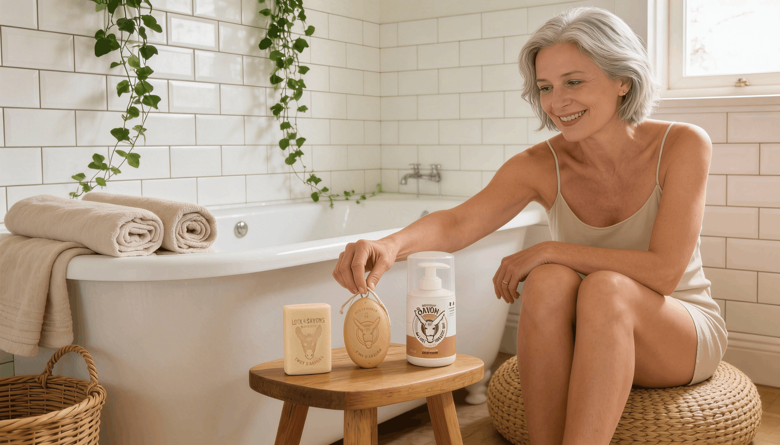 Femme choisissant parmi trois formats de savon au lait d'ânesse — solide, ficelle et liquide