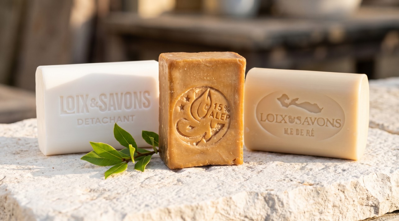 Trio savons artisanaux detachant alep huile argan sur pierre calcaire ile de re