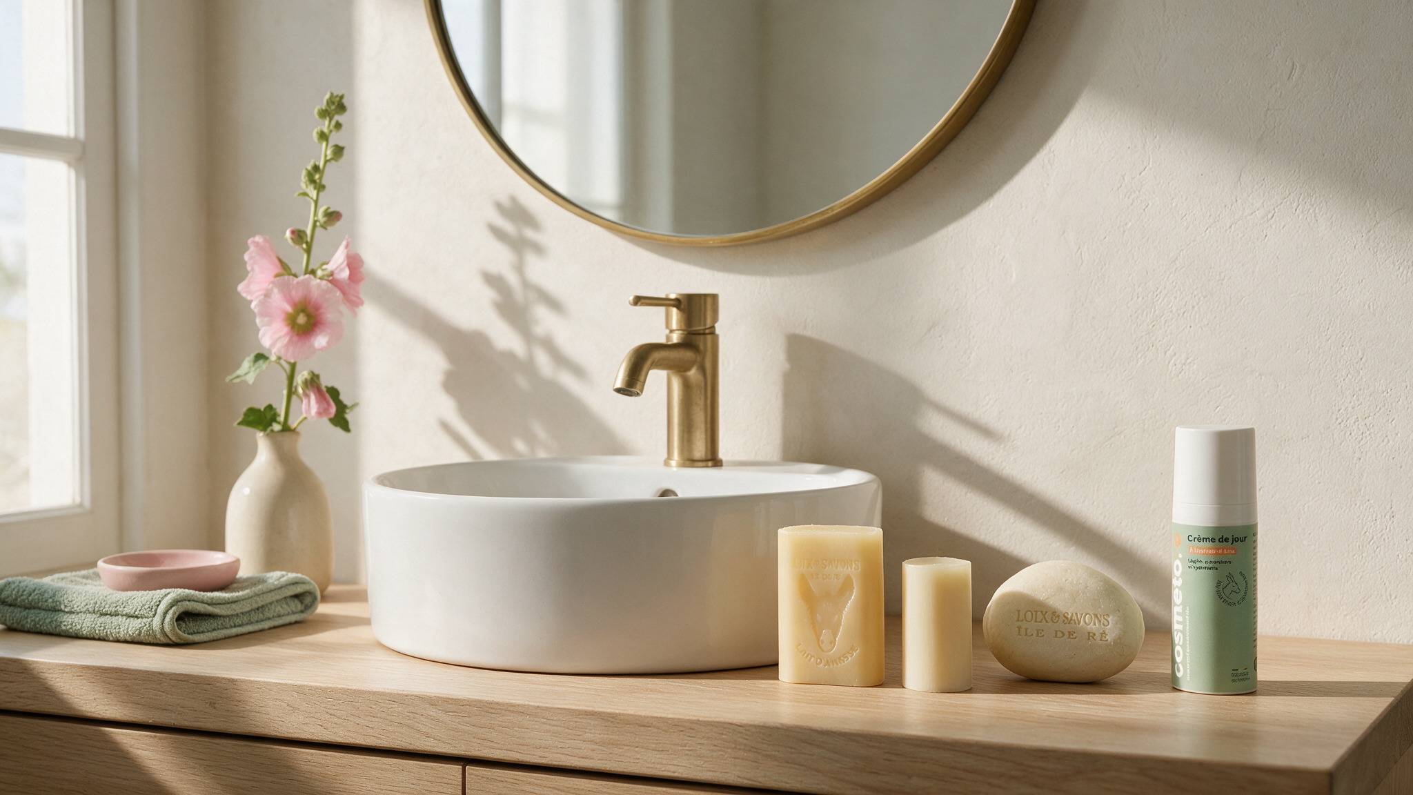 Savons au lait d'ânesse et au lait de chèvre, shampoing solide et crème de jour Loix et Savons près d'une vasque, rose trémière et miroir