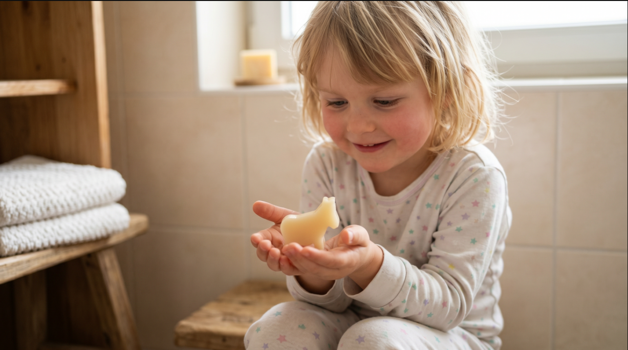Enfant tient un savon en forme d ane au lait d anesse bio sans parfum