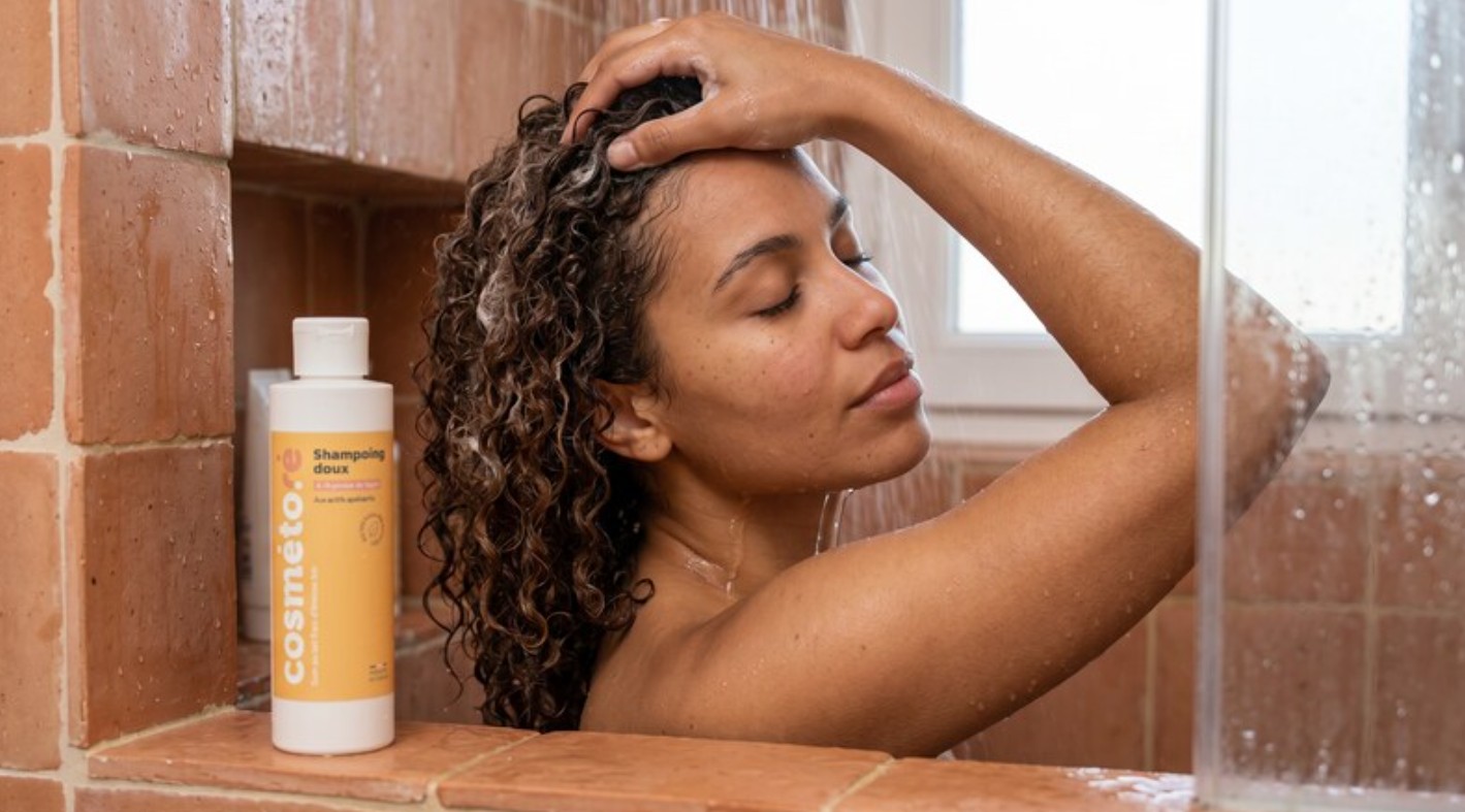 femme aux cheveux boucles cuir chevelu sensible shampoing doux au lait d anesse