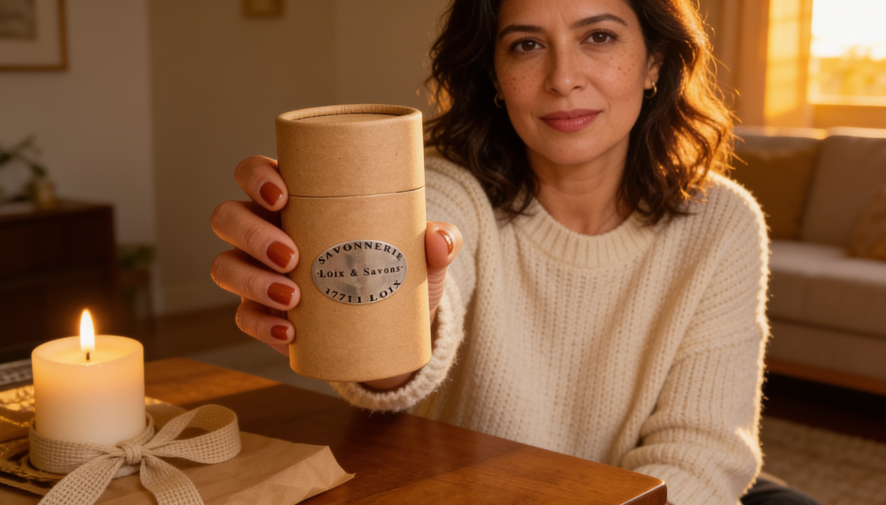 Femme offre un savon au lait d anesse dans son etui kraft cadeau