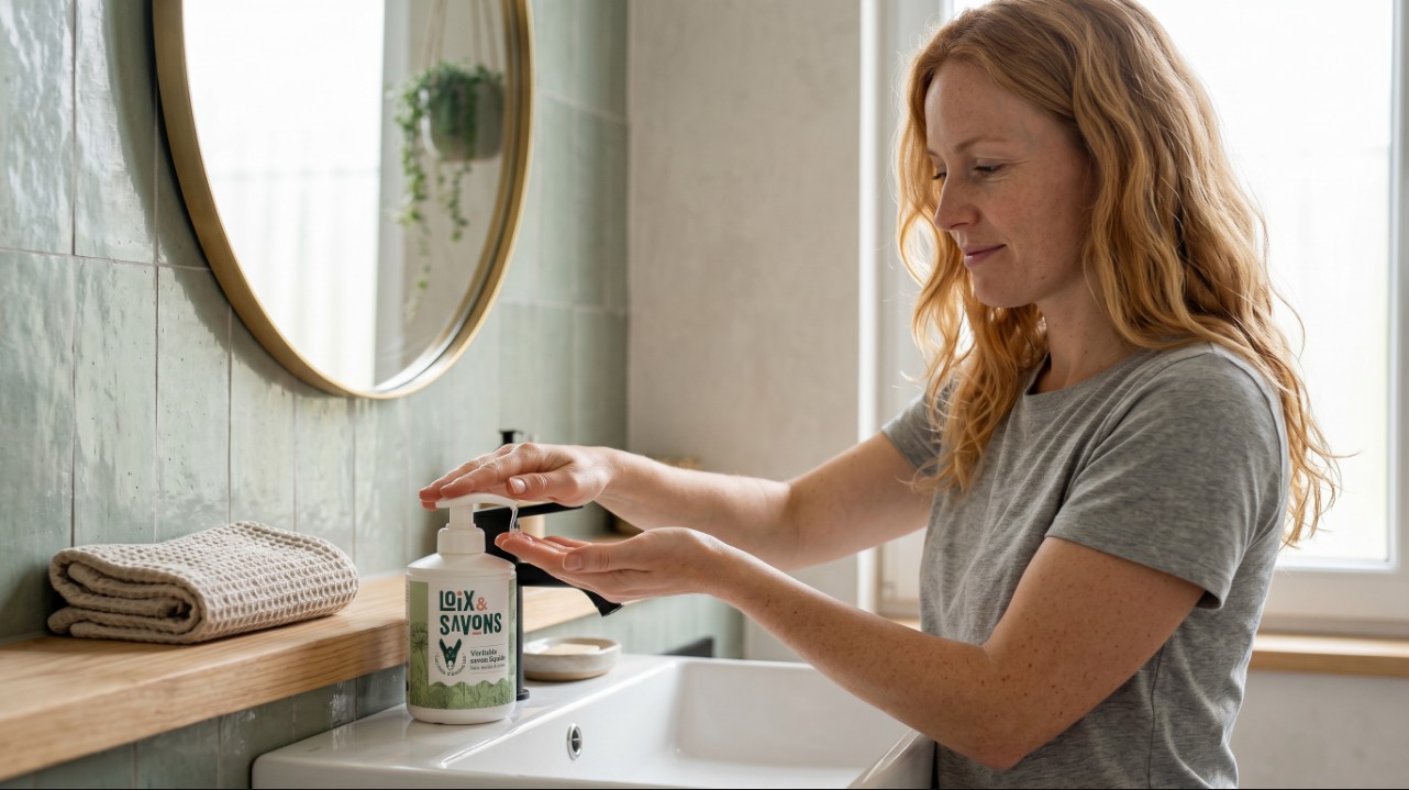Femme rousse appuie pompe savon liquide lait anesse lavabo zellige blanc