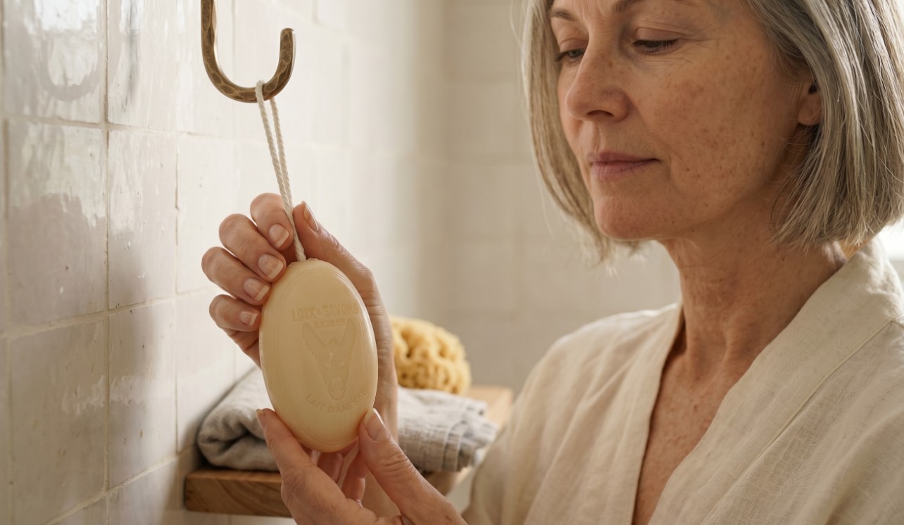 Femme aux cheveux gris tient son savon ficelle au lait d anesse bio dans la salle de bain