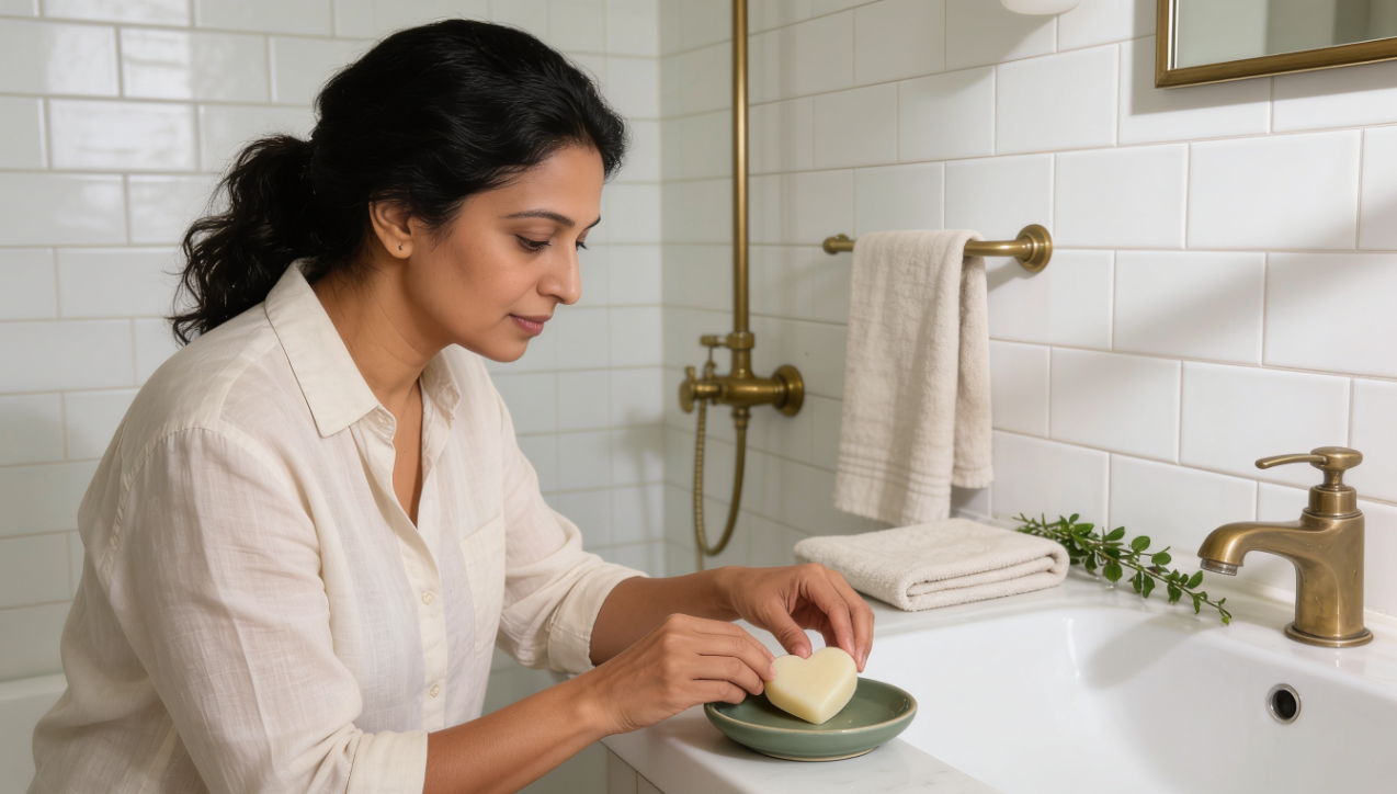 Femme pose un savon invite coeur au lait d anesse bio sur une coupelle salle de bain