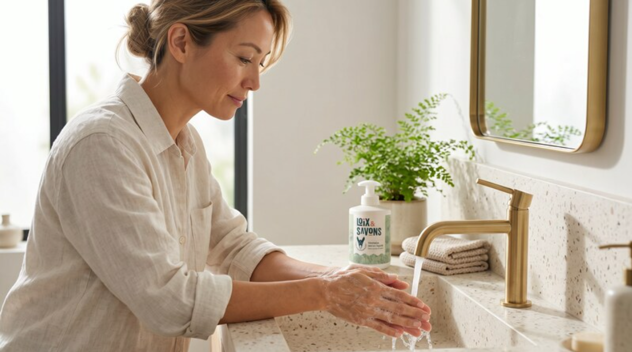 Femme se lave les mains au savon liquide au lait d anesse bio flacon pompe lavabo
