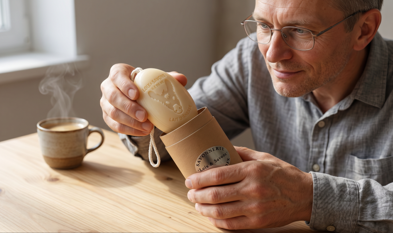 Homme decouvre un savon au lait d anesse en ouvrant son etui kraft