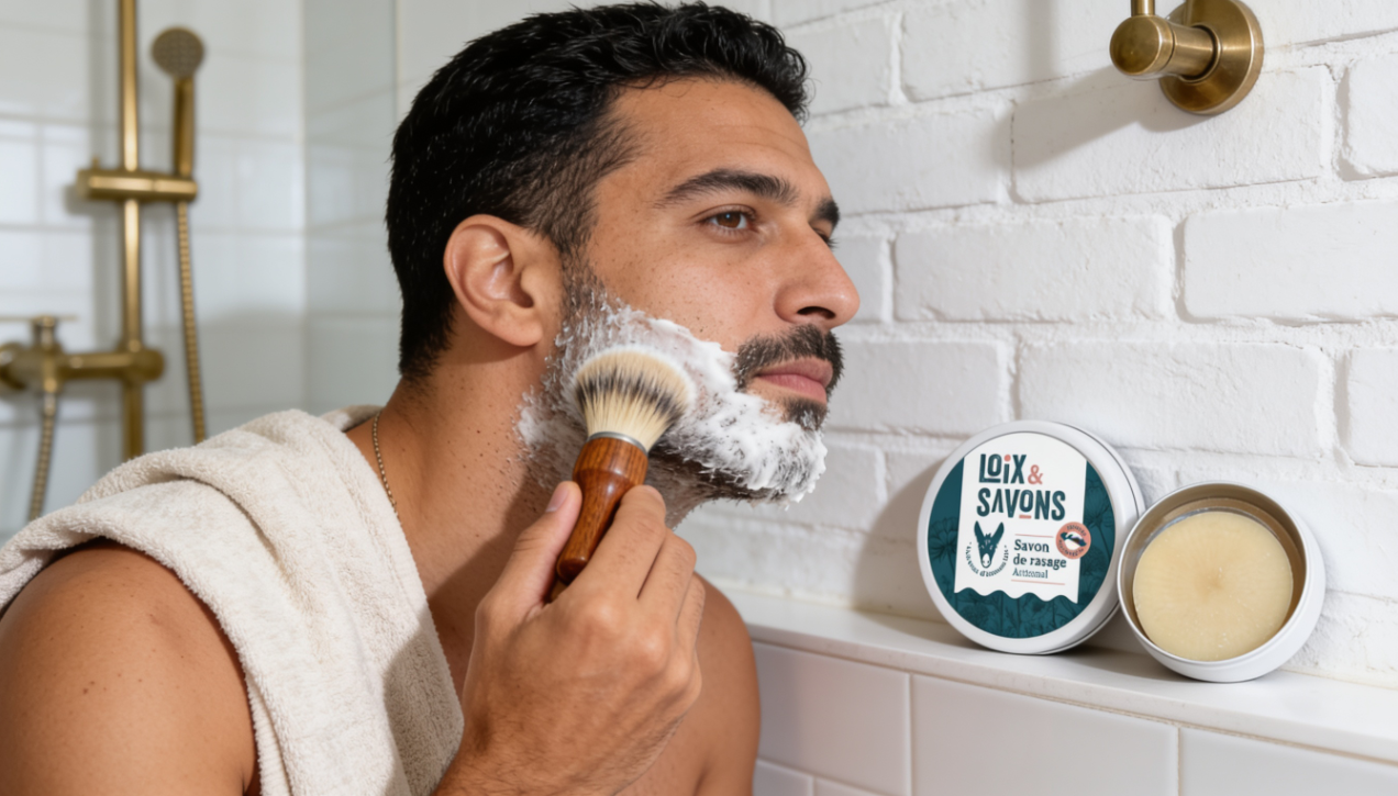 Homme rasage barbe savon lait d anesse salle de bain ile de re