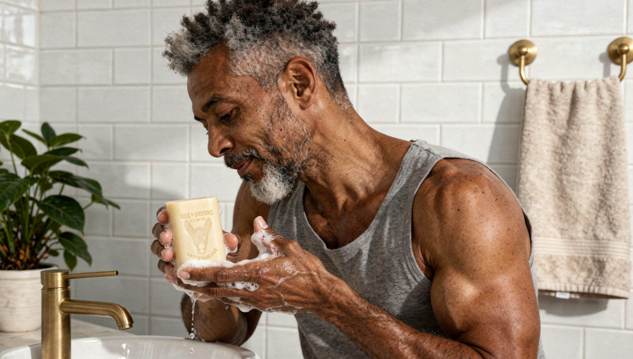 Homme se lave le visage au savon lait d anesse bio 100g salle de bain