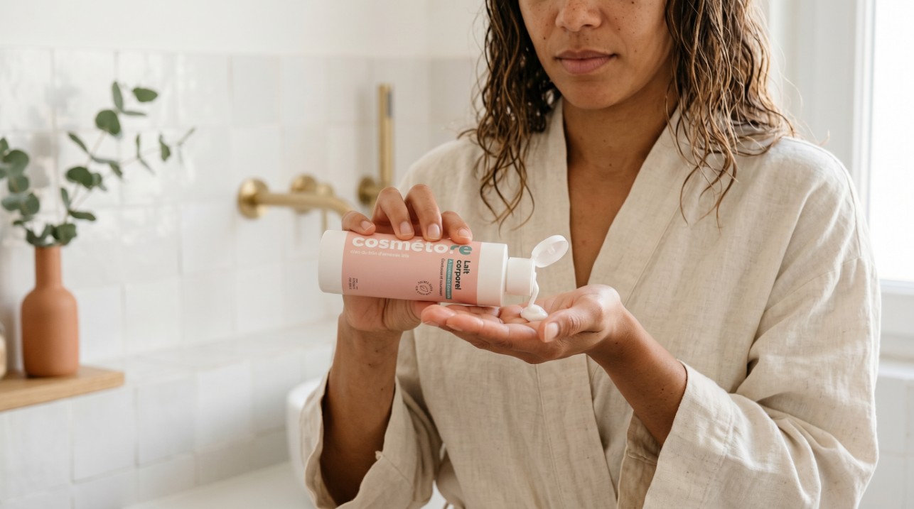 Femme appliquant lait corporel au lait d anesse geste apres douche salle de bain