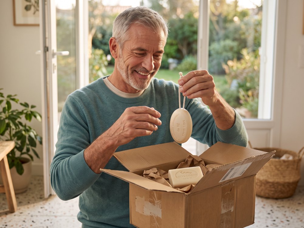 client qui ouvre un colis loix et savons expedie dans un carton reemploye