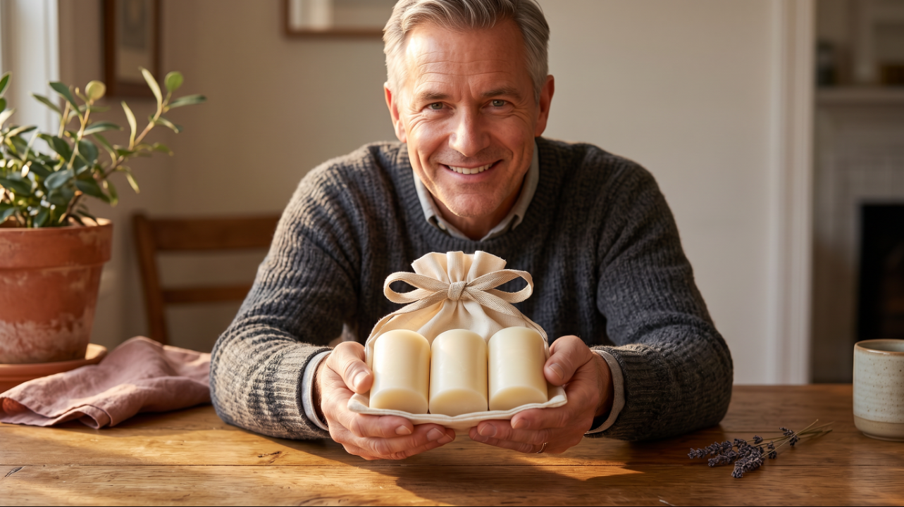 lot de buchettes de savon au lait de chevre dans un sac en coton offert