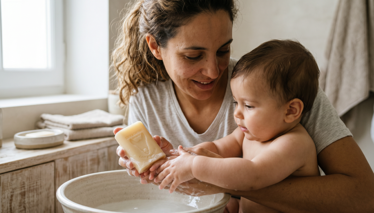 Mere lave doucement son bebe au savon lait d anesse bio sans parfum
