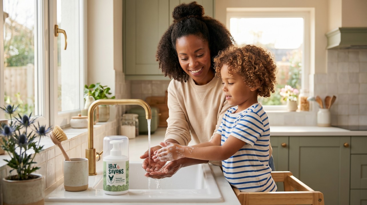 Mere et enfant se lavent les mains savon liquide lait anesse cuisine famille
