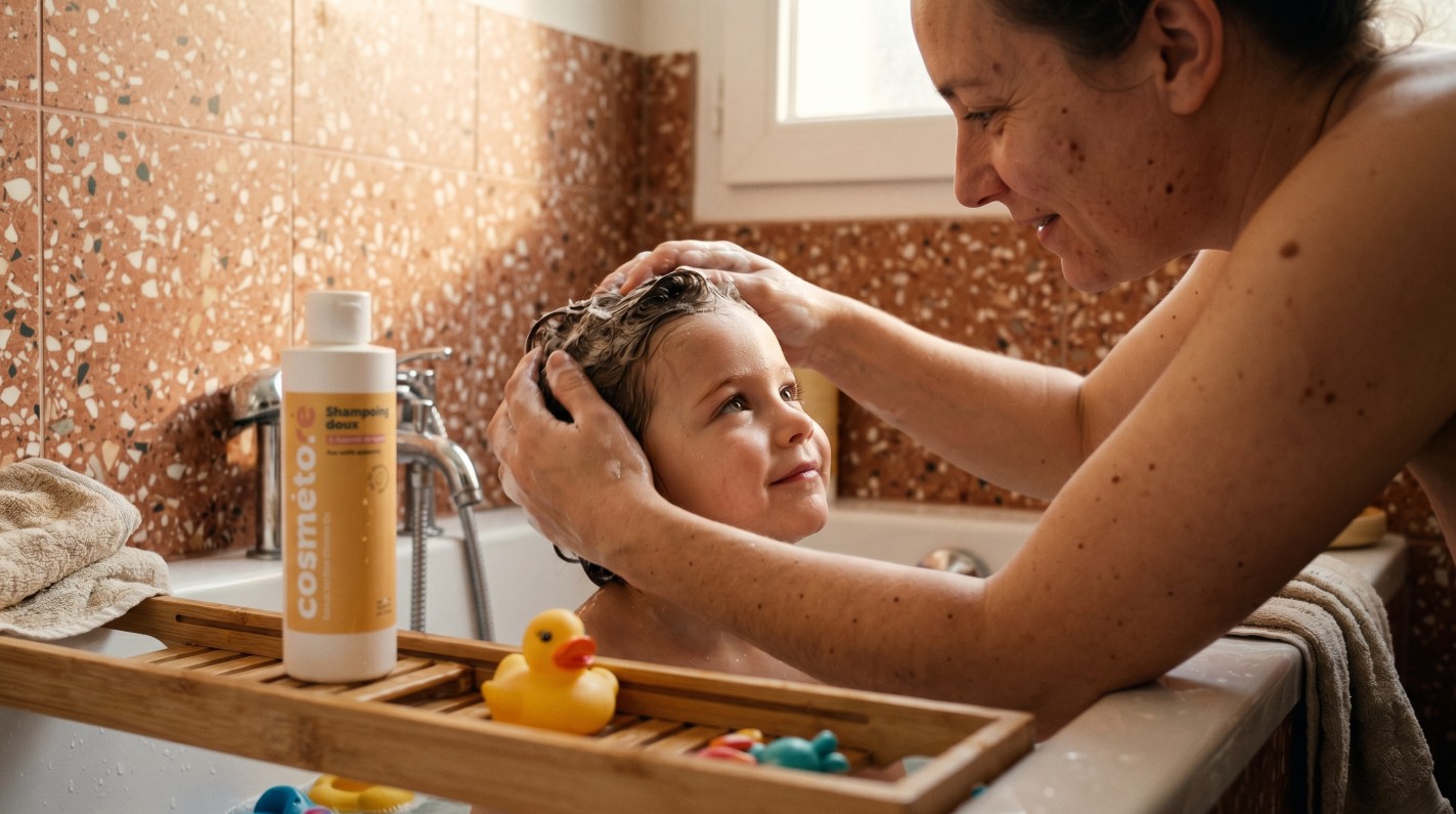 mere lavant les cheveux de son enfant avec le shampoing doux au lait d anesse