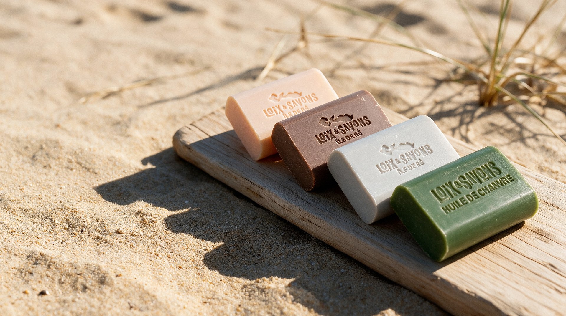 quatre savons artisanaux parfumes poses sur du bois flotte dans le sable