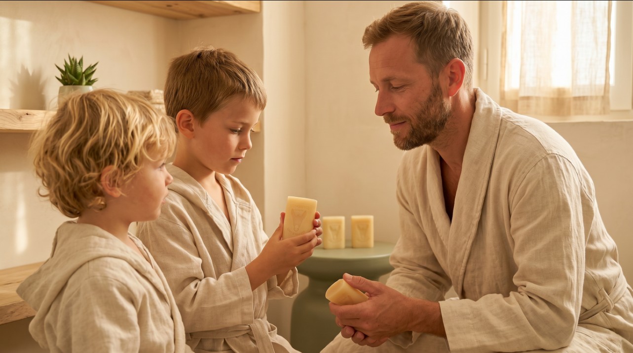 Pere et deux enfants transmission savon lait anesse bio peaux sensibles salle de bain familiale