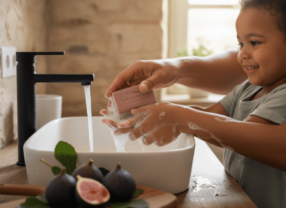 Lavage des mains en famille avec le savon artisanal figue