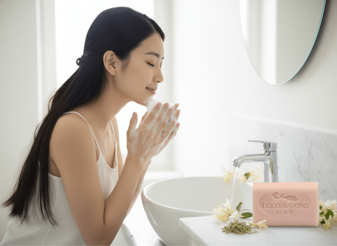 Femme utilisant le savon artisanal chèvrefeuille sur le visage