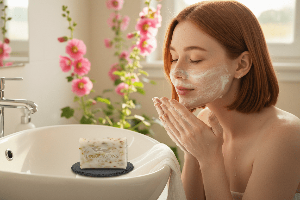 Mousse onctueuse du savon artisanal rose trémière