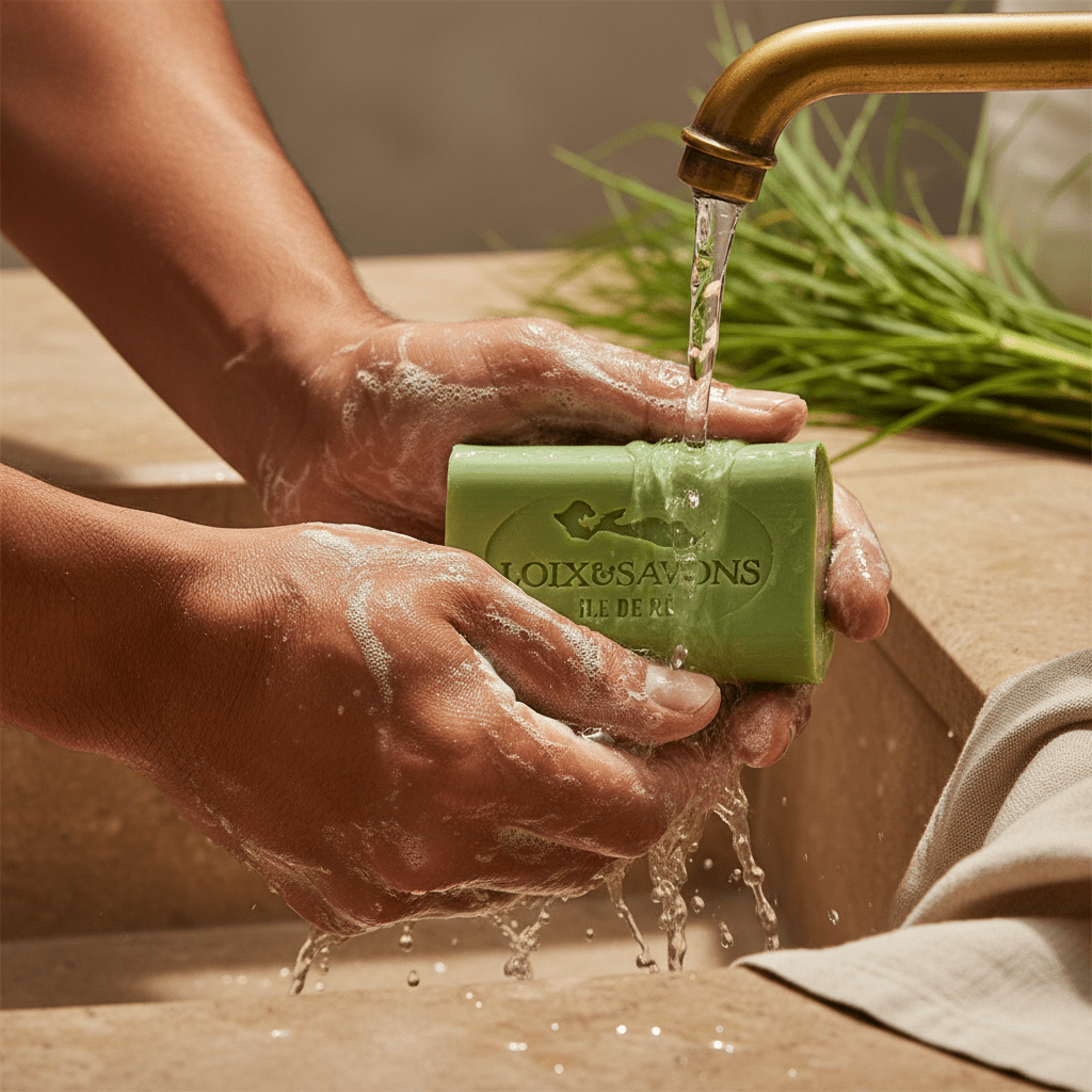 Mousse riche du savon vétiver sur des mains d'homme