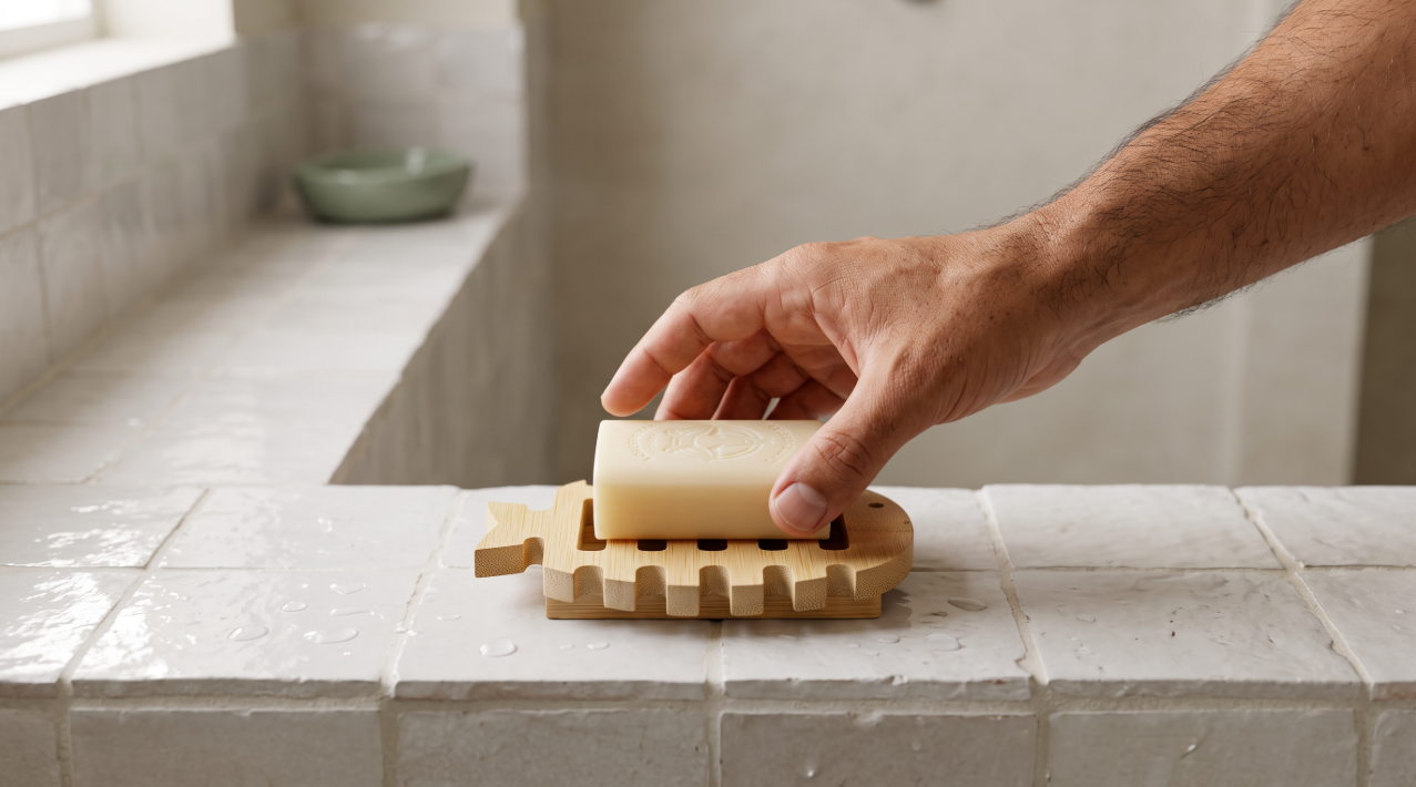 Main posant un savon au lait de chevre sur un porte-savon en bois en forme de poisson