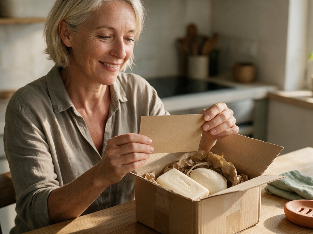 cliente qui decouvre un bon de reduction dans son colis loix et savons