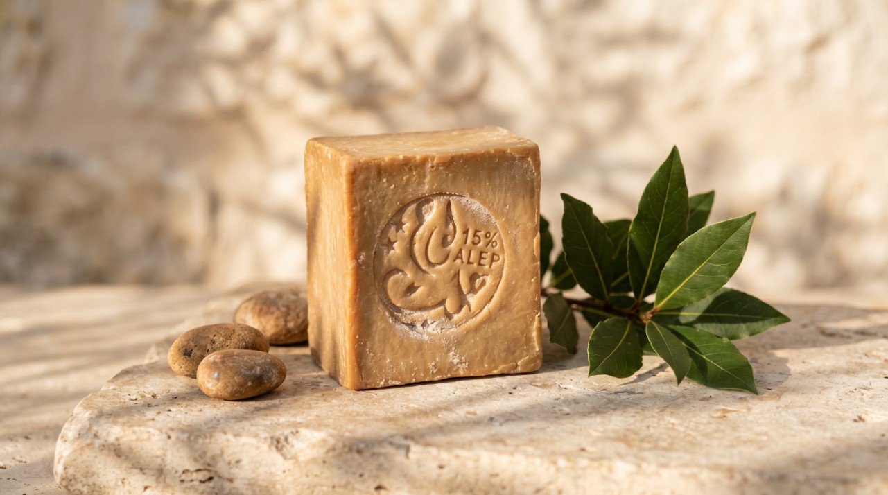 Savon d alep traditionnel brun caramel sur pierre avec branche de laurier