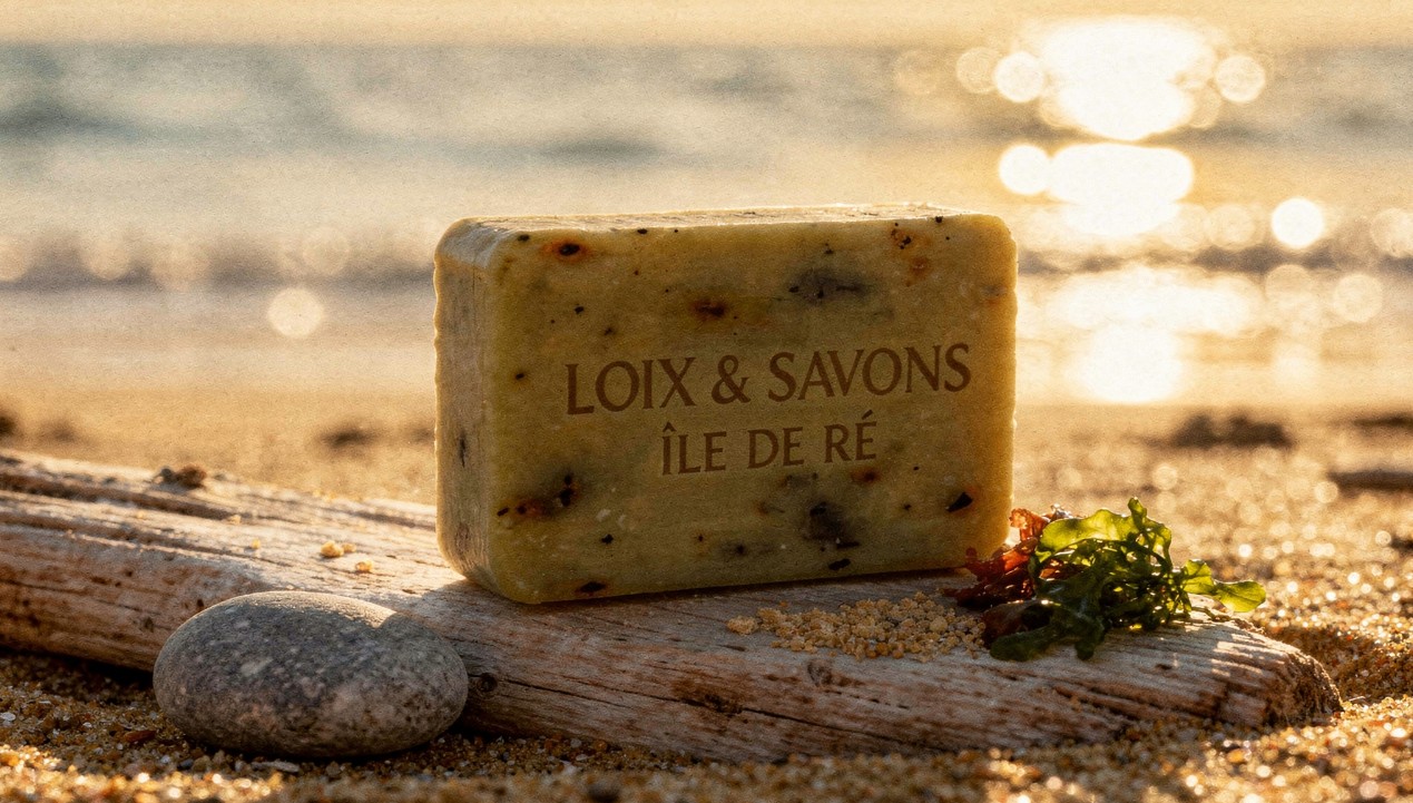 Savon artisanal aux algues marines 100g sur bois flotte face a la mer ile de re