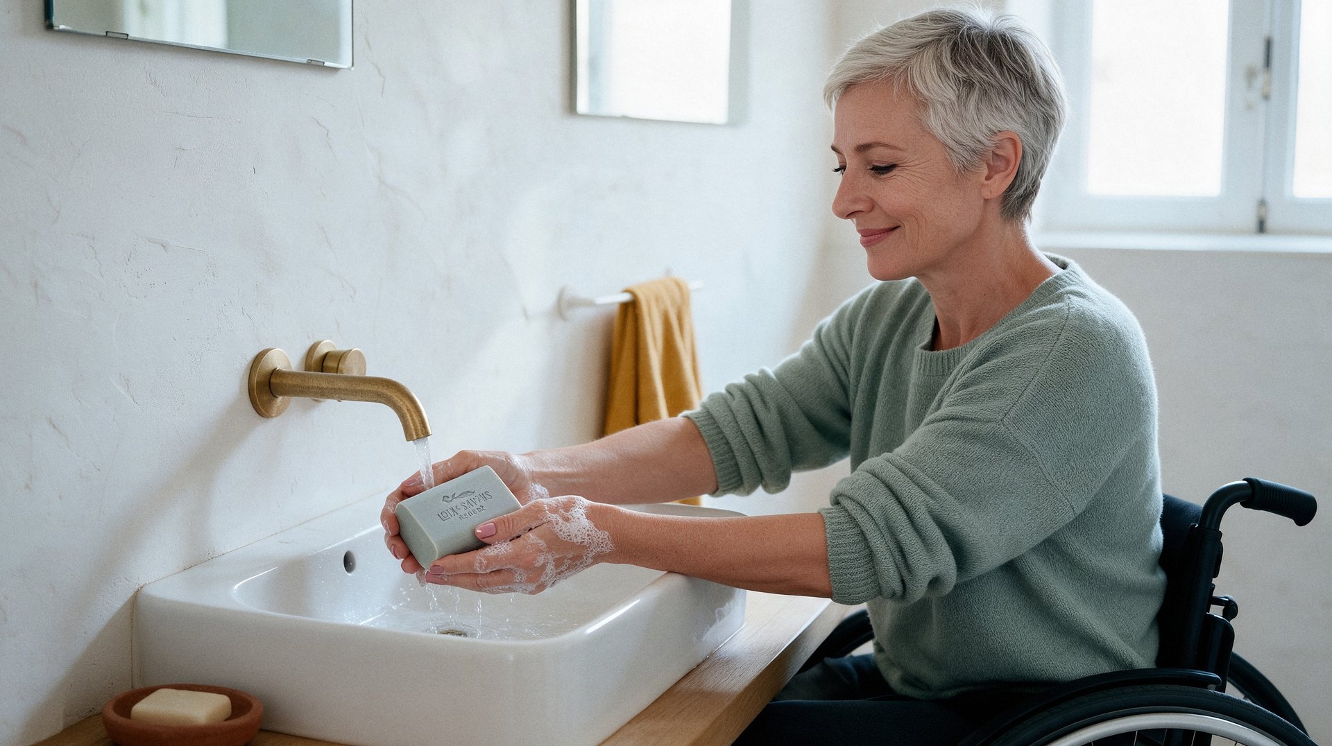 femme en fauteuil roulant se lavant les mains avec le savon bois flotte